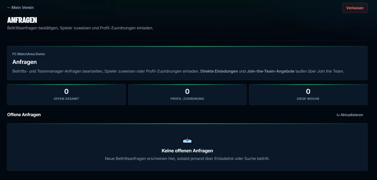 MatchArea Anfragen — Mitgliedschaftsanfragen bearbeiten