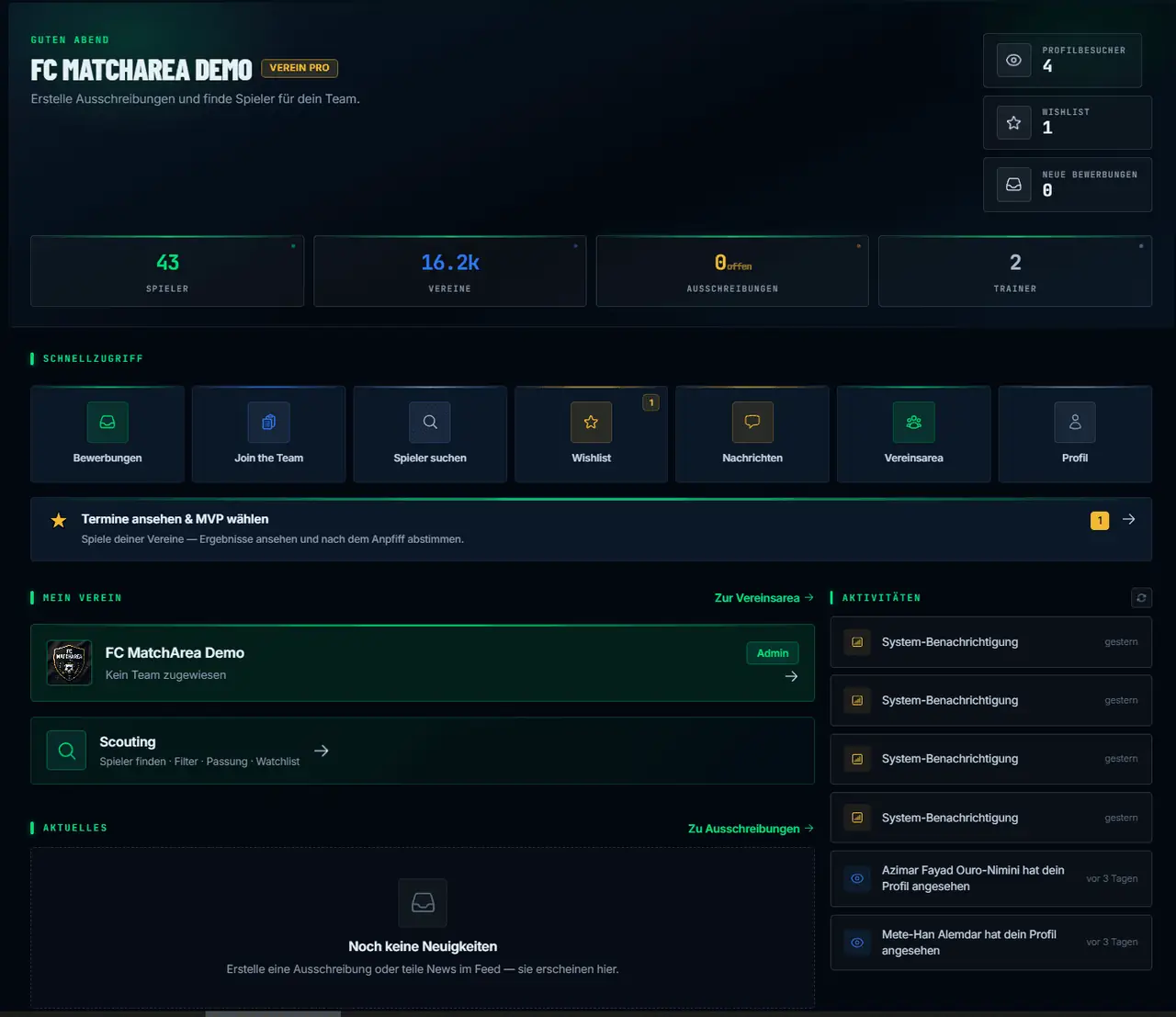 MatchArea Dashboard — Übersicht für Spieler und Vereine