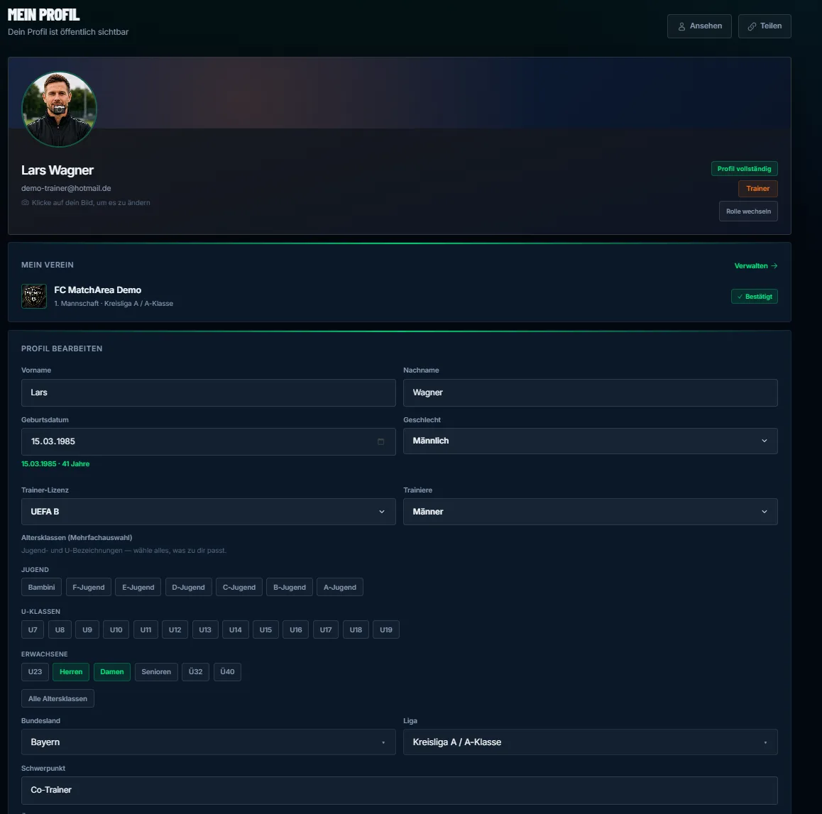 MatchArea Mein Profil — Profil bearbeiten
