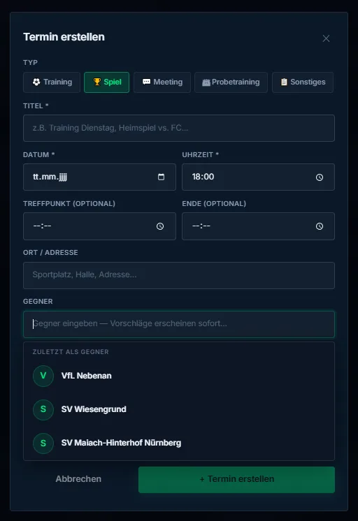 MatchArea Termin erstellen — Event anlegen