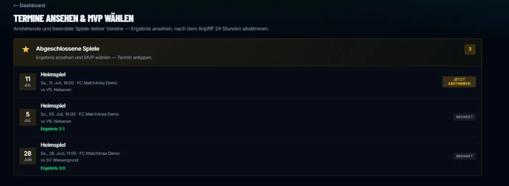 MatchArea MVP wählen — Abstimmung nach dem Spiel