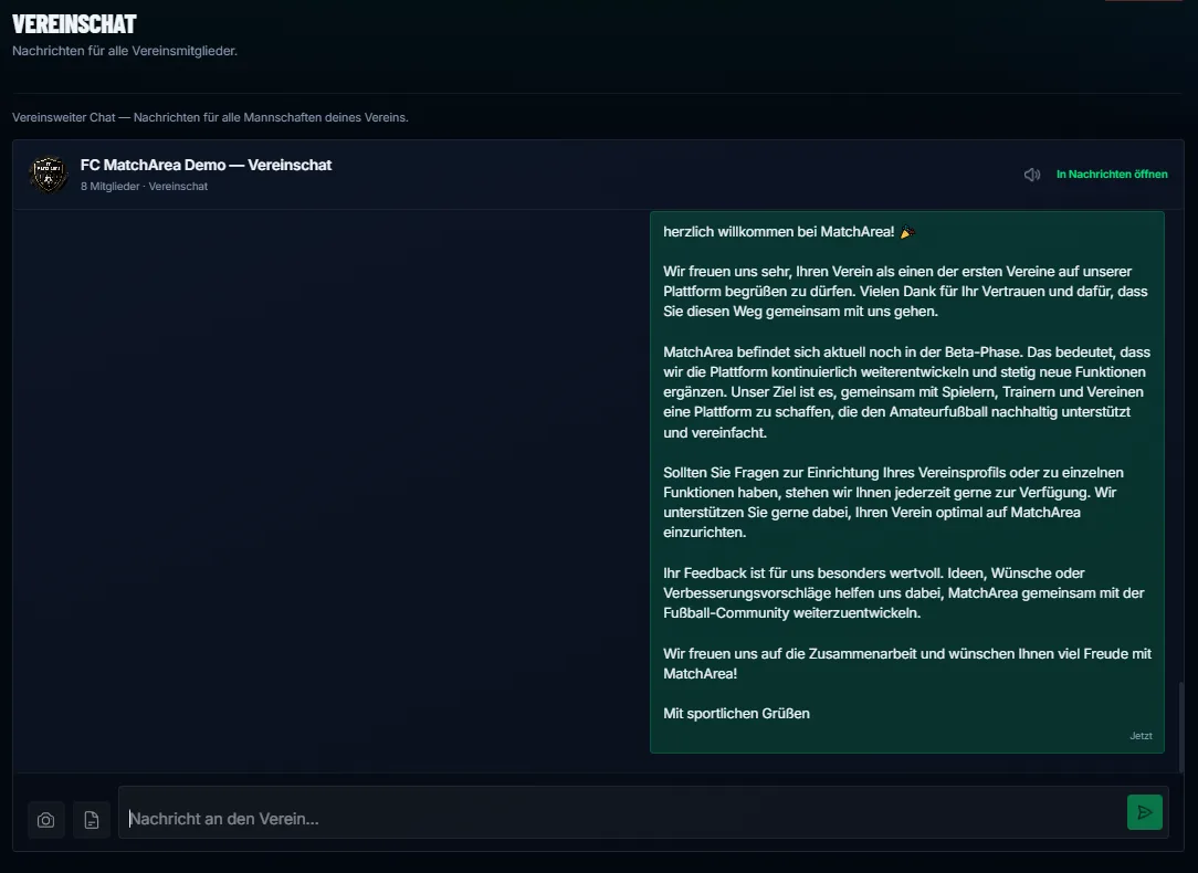 MatchArea Vereinschat — Nachrichten für alle Vereinsmitglieder